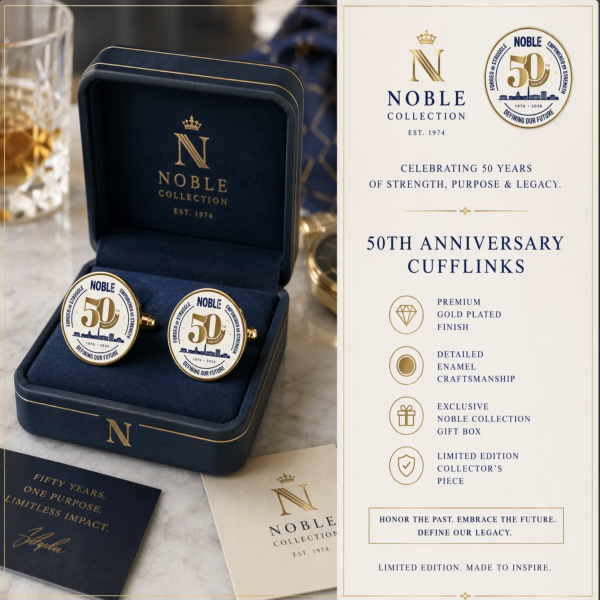 50th Anniversary cuff links in premium NOBLE presentation box