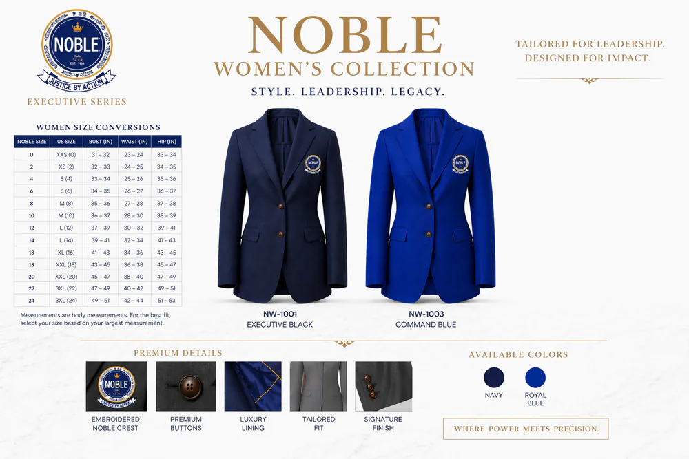 NOBLE Women's Collection size conversion chart with Executive Black and Command Blue jacket references